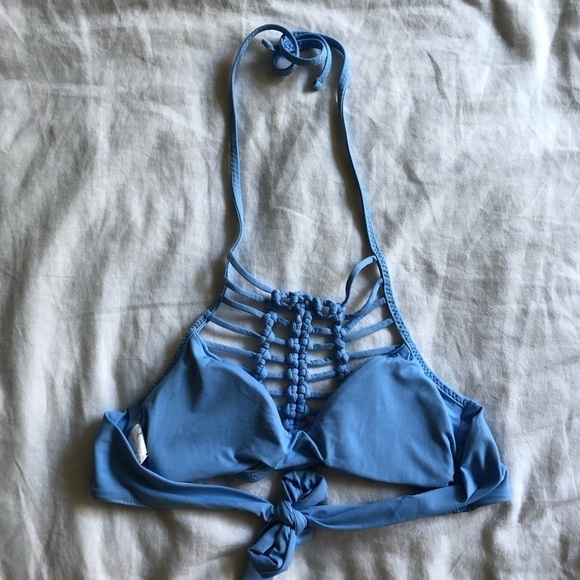 BECCA High Neck Macrame Crochet Halter Swim Top in Light Blue Small - Picture 3 of 5